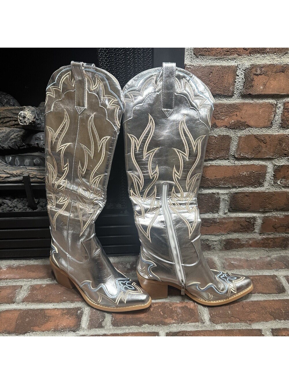 Wetkiss Silver Metallic Cowgirl Boots Womens Size 8 Western Knee High Shoes New